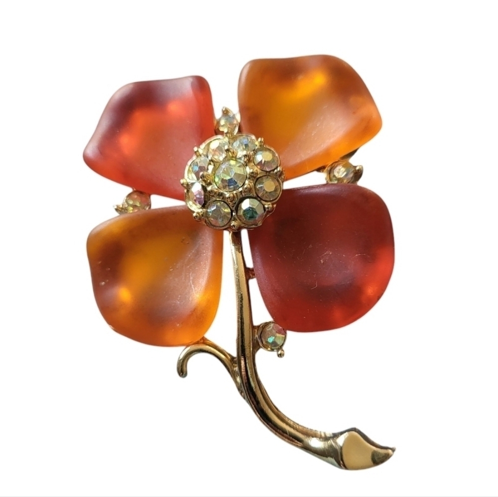 Vintage Orange Flower Gold Tone Brooch With Aurora Borealis Rhinestones